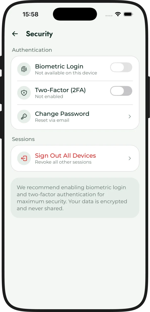 Ajustes de seguridad de la app: acceso biométrico y verificación en dos pasos