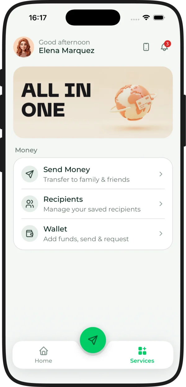Pantalla de servicios de la app: enviar dinero, destinatarios y monedero